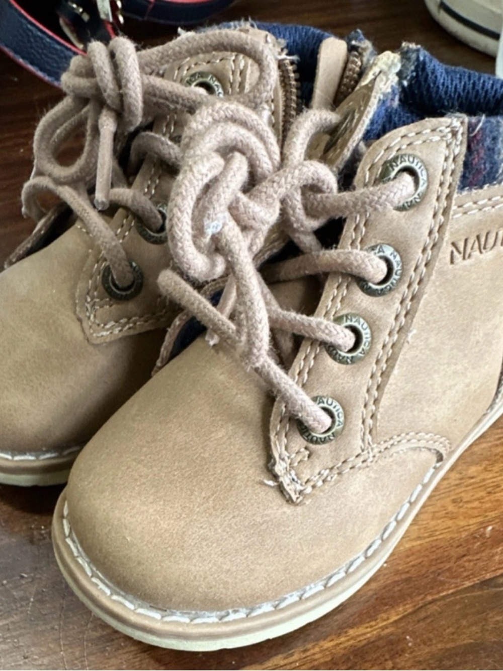 Nautica Kids Beige Suede Lace-Up Boots with Navy Collar